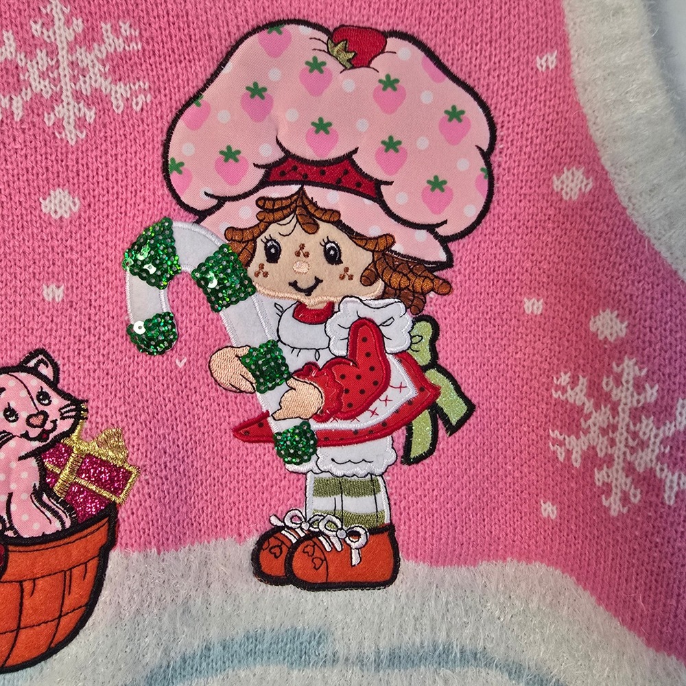 NWOT - Strawberry Shortcake Pink Christmas Sweater Vest Sequin Snowflake Fuzzy M - Picture 3 of 10